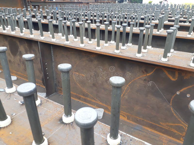 Shear Studs Welding with Ceramic Ferrule Close Up View Stock Photo