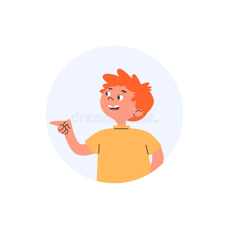 Round icon with laughing and pointing finger child boy flat style vector illustration