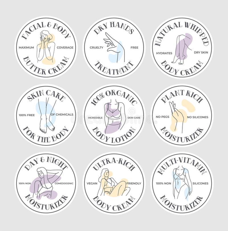 Round Label Set for Body Cream Package Design Stock Vector