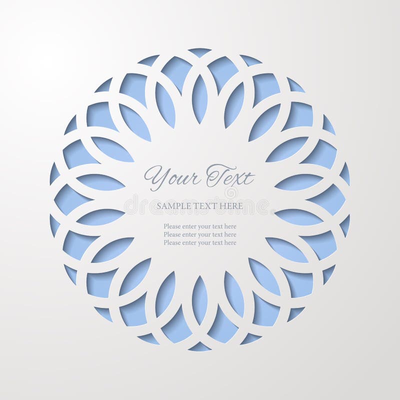 Round lace cutout frame with shadow on blue background. Paper cut 3d ornamental border.