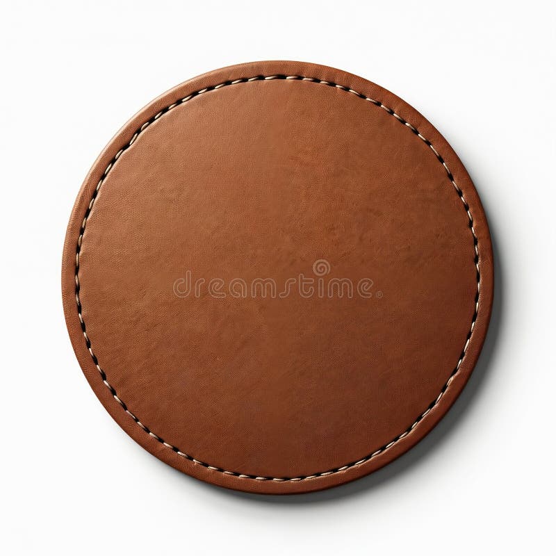 Round leather label isolated on white background. Empty brown material tag, frame with stitch, blank seam clothes patch. Premium stock illustration