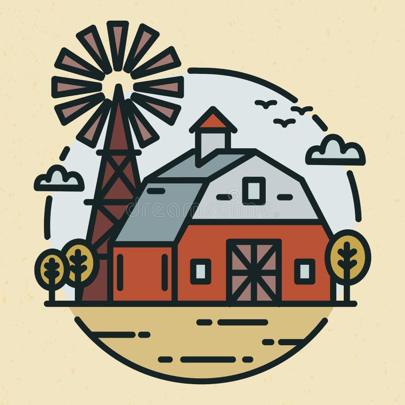 Round logotype with farmland landscape, country house or agricultural building and windmill in line art style. Creative