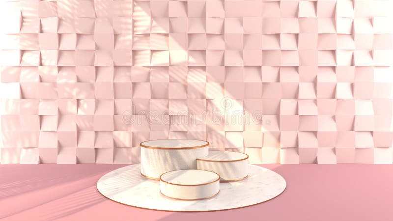 Round marble Podium, golden border, The sunlight shines small square pink wall scene with shadow of leaf. Pedestal Can be used for