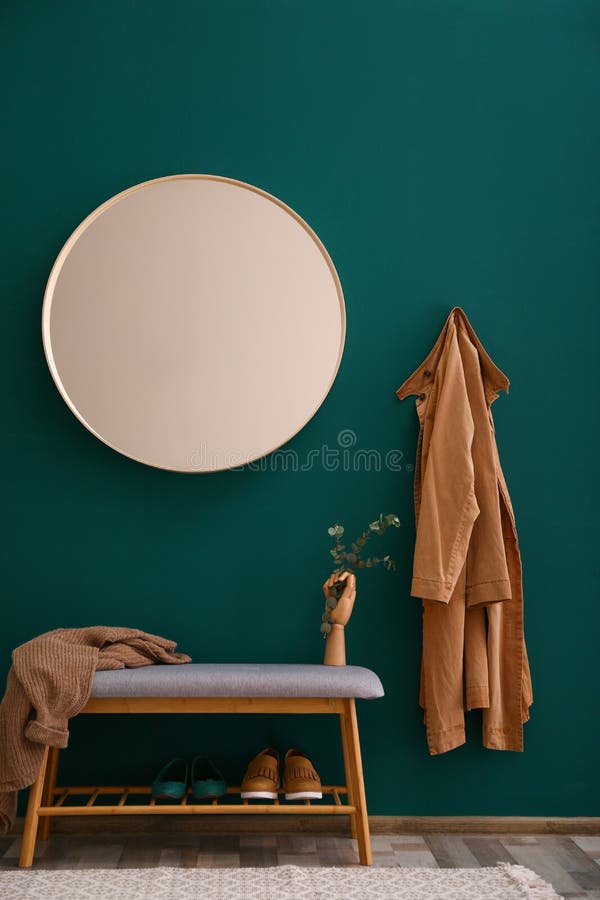 Round Mirror on Green Wall in Hallway Interior Stock Image Image of