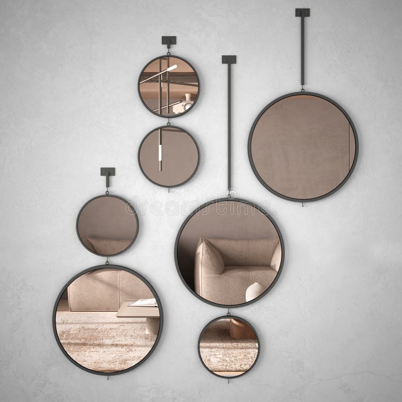 Round mirrors hanging on the wall reflecting interior design scene, minimalist living room in beige tones with wooden and concrete