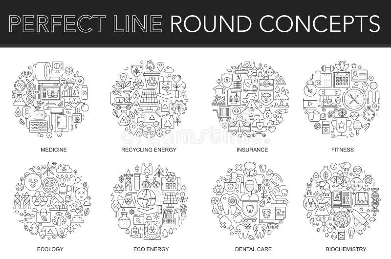 Round outline concept of medicine, recycling energy, insurance, fitness, ecology, eco energy, dental care, biochemistry. Thin line stroke vector icons set for cover, emblem, badge, flyers and posters