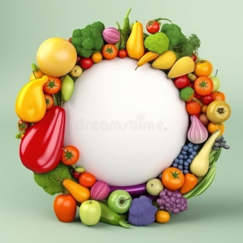 Round rainbow colored composition with white empty paper and fresh fruits with vegetables. AI generative illustration