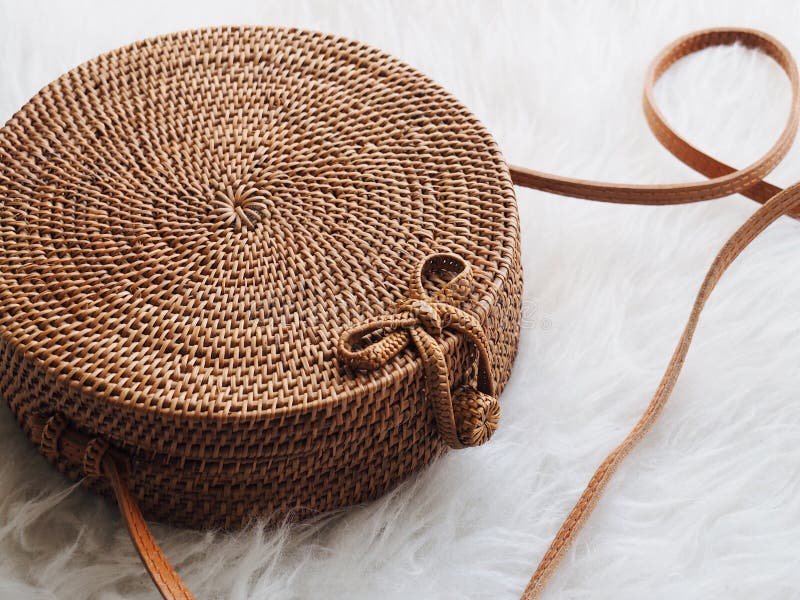 Round Rattan Handbag. Girl with a White Rattan Bag Stock Image Image