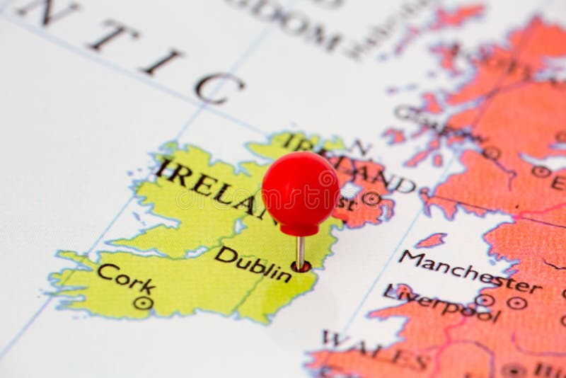 Round red thumb tack pinched through city of Dublin on Ireland map. Part of collection covering all major capitals of Europe. Round red thumb tack pinched through city of Dublin on Ireland map. Part of collection covering all major capitals of Europe.