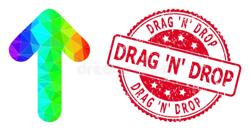 Round Rubber Drag 'N' Drop Stamp With Vector Triangle Filled Arrow Up Icon with Rainbow Gradient vector illustration