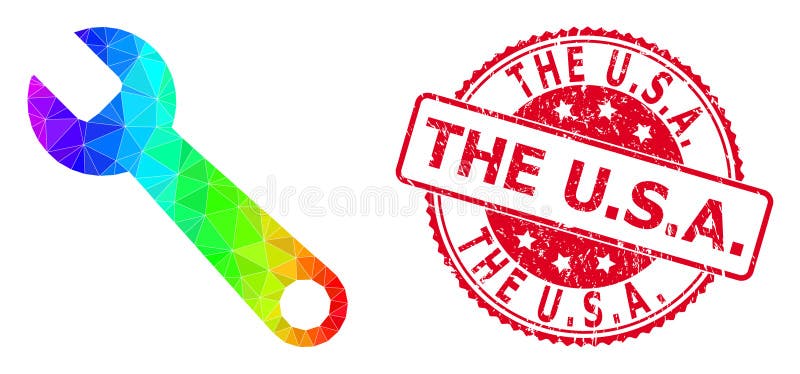 Round Rubber The U. S. A. Seal with Vector Polygonal Spanner Icon with Rainbow Gradient vector illustration