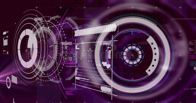 Round scanner and digital interface with data processing against purple background. computer interface technology concept