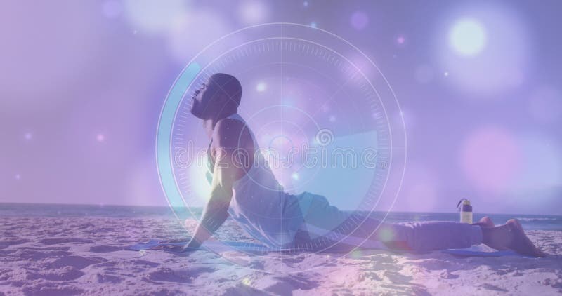 Round scanner and glowing spots of light against african american fit man performing push ups royalty free stock image