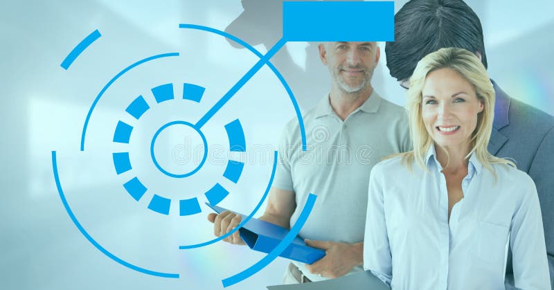 Round scanner over portrait of caucasian senior couple against blue background royalty free stock photos