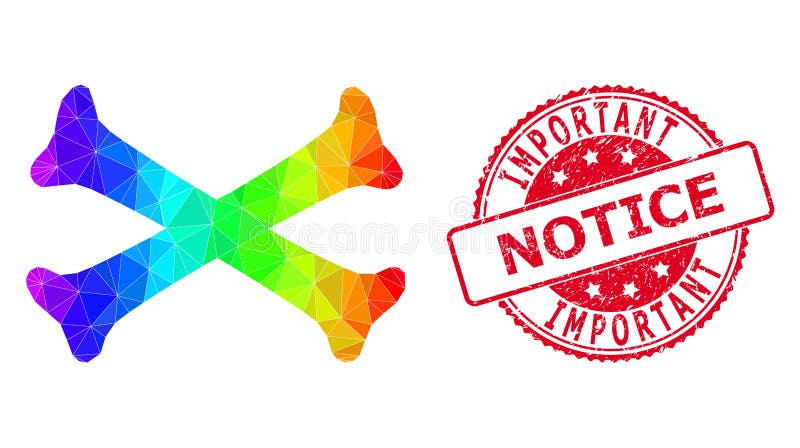 Round Scratched Important Notice Seal with Vector Polygonal Crossing Bones Icon with Spectral Colored Gradient vector illustration
