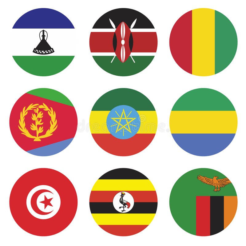 A round shape consisting of the flags of Lesotho, Kenya, Tunisia, Ukraine, Cameroon, and several other countries vector illustration
