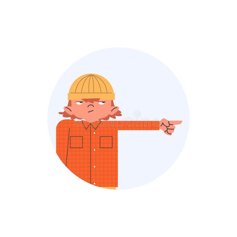 Round shape with dissatisfied child in yellow hat points finger vector illustration