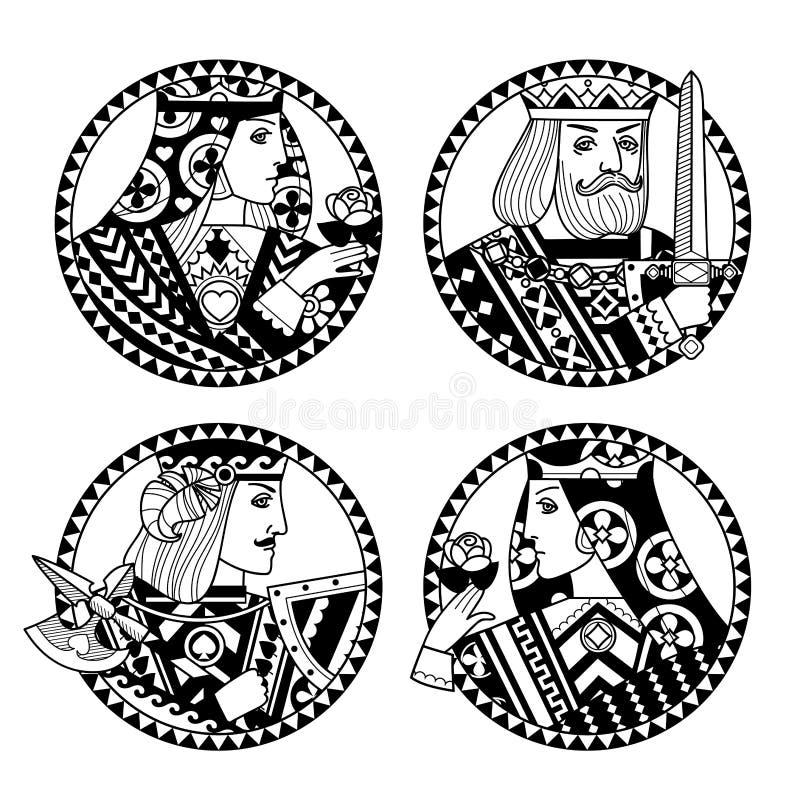 Round shapes with faces of playing cards characters in black and