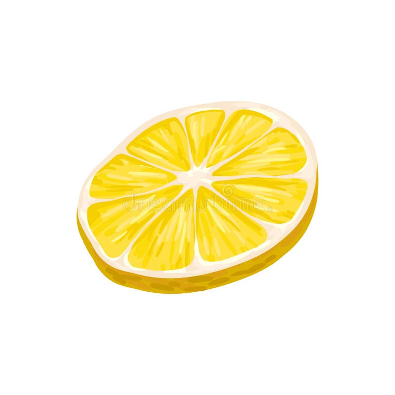 Round slice of bright yellow lemon. Juicy and sweet fruit. Natural citrus product. Graphic design element for candy or