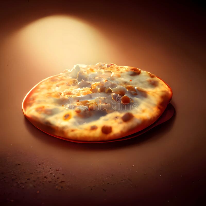 Round small pizza with spices on dark solid background. Side view stock illustration