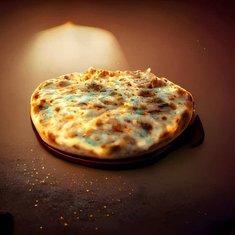 Round small pizza with spices on dark solid background. Side view vector illustration