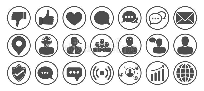 Round Social Media Icon Set with People, Chat, Thumbs Up, Like Icons Vector