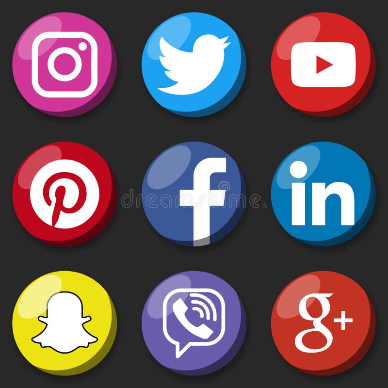 Round social media logo or social media icon template set. Social network web button. Facebook, YouTube, Google , Linkedin, Viber, Pinterest, Twitter, Instagram, Snapchat.