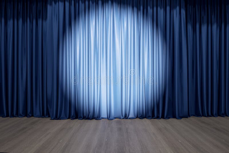 Round Spotlight on Blue Curtain on the Stage with Wooden Floor Stock