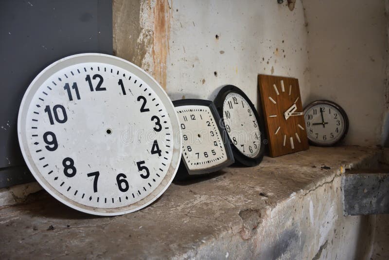 Round and Square Clocks Against the Wall, Two Clock Dials, Clock Dial