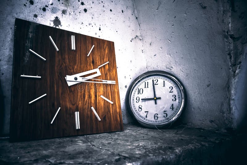 Round and Square Clocks Against the Wall, Two Clock Dials, Clock Dial