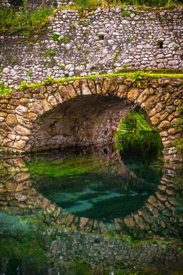 Round stone bridge reflected in river water vertical background royalty free stock photo Round stone bridge reflected in river water vertical background royalty free stock photo