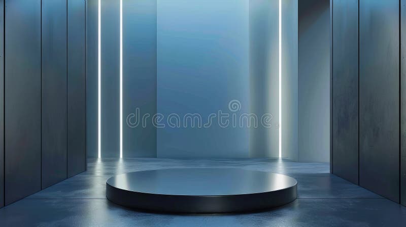 A round table in a dark room with light coming from the ceiling stock image