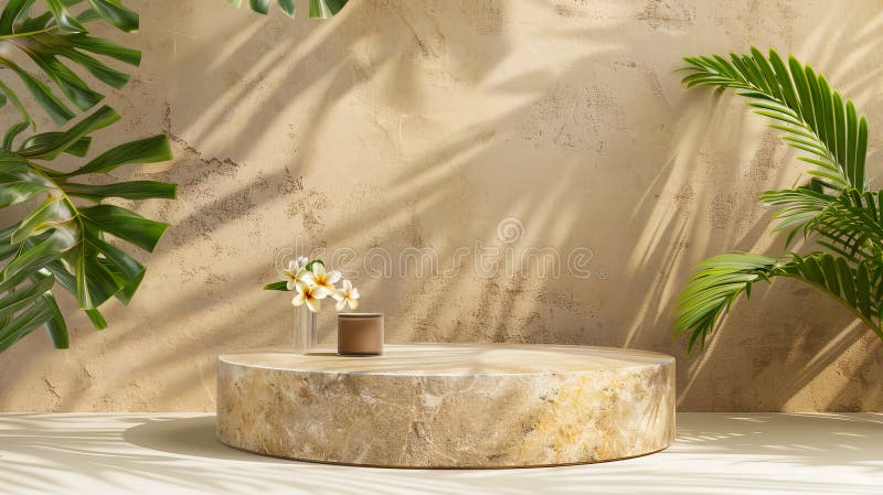 A round table with palm leaves and a vase royalty free stock images