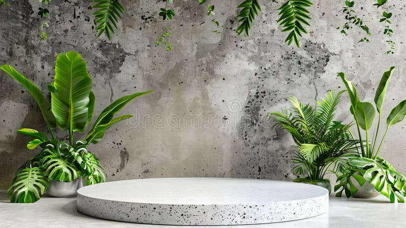 A round table with plants in pots on a concrete wall royalty free stock photography
