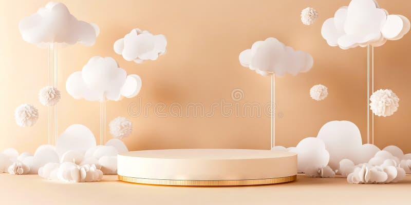 A round table with white clouds and flowers on it stock photos