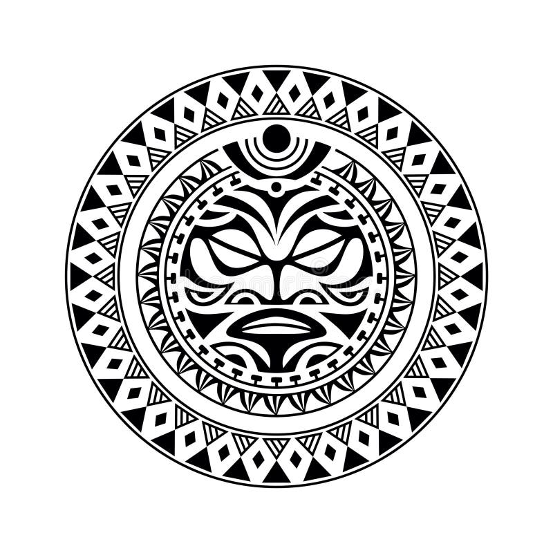 Round Tattoo Ornament with Sun Face Maori Style. African, Aztecs or ...