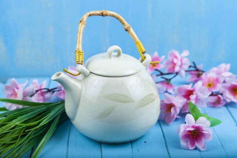Round Teapot with a Bamboo Handle Stock Photo Image of fresh, bamboo