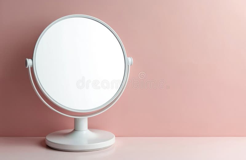Round vanity mirror with LED illumination sits on surface. Modern design features chrome accents plus white plastic base. stock photos
