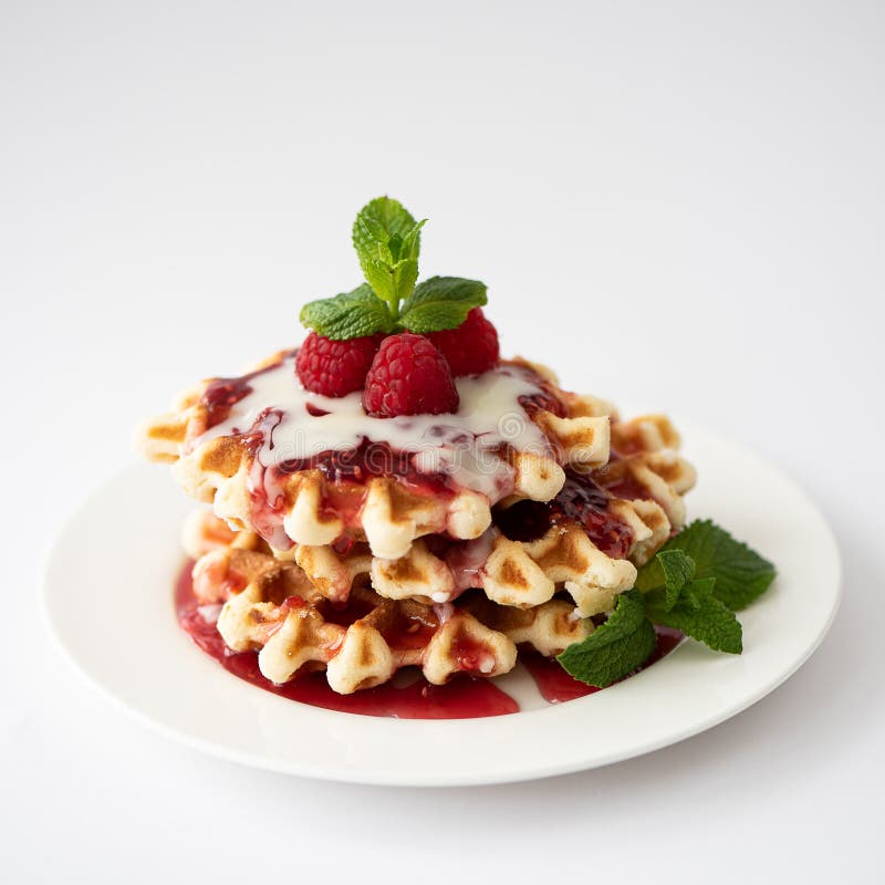Round Waffles with Sauce, Raspberries and Mint Leaves Stock Image