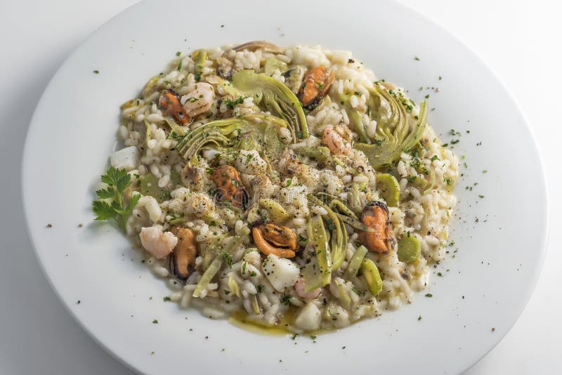 Round white dish of risotto with artichokes and seafood isolated on white background