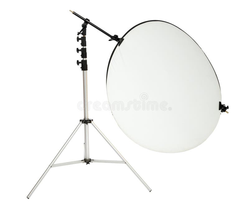 Isolated Round Studio Photography Reflector and Stand Stock Photo