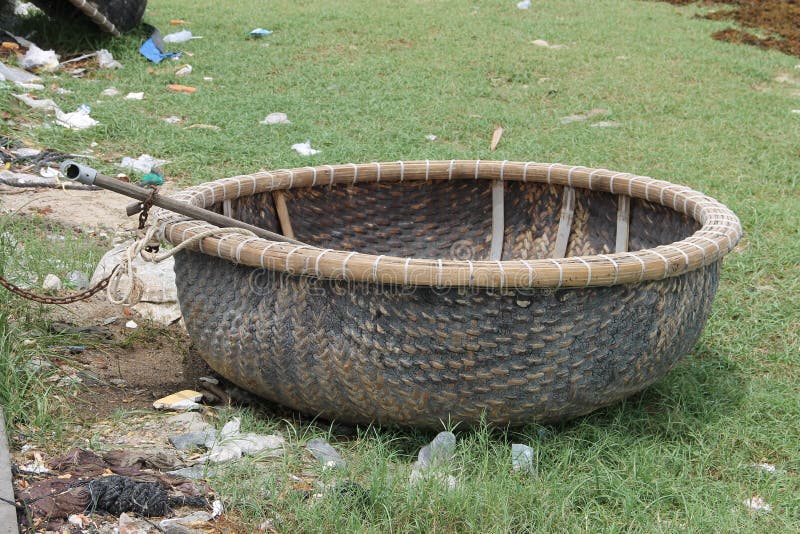 Round Wicker Boat Standing on the Grass Stock Image Image of