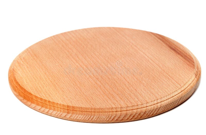 Round wooden kitchen board isolated on white background stock image