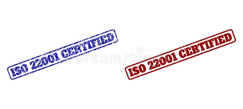 ISO 22001 CERTIFIED Blue and Red Rounded Rectangle Seals with Grunged Textures royalty free illustration