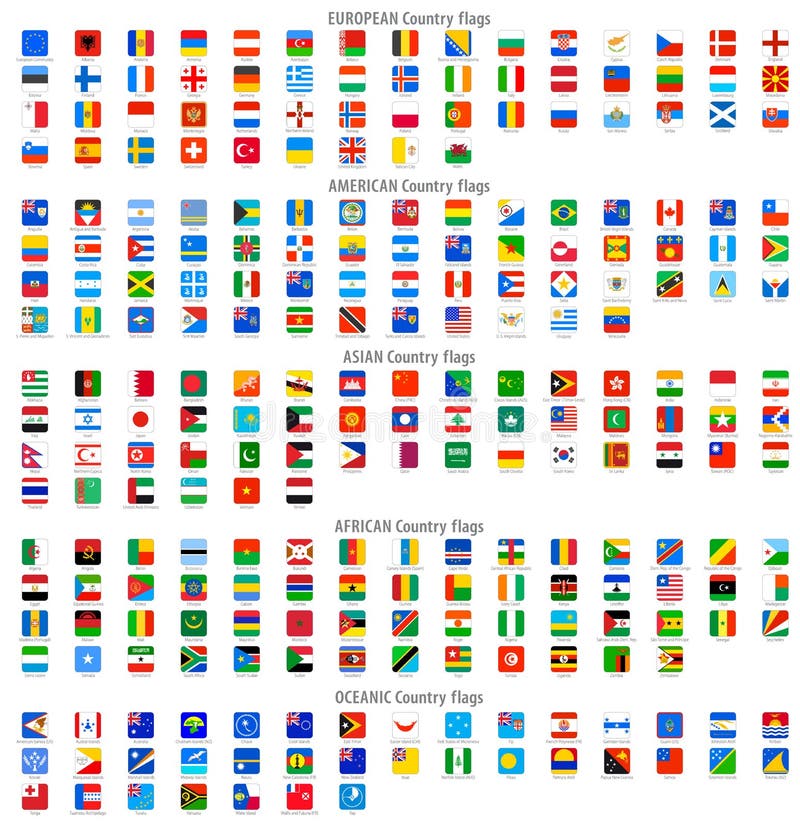 Collezione completa del Mondo Quadrato Arrotondato Vettore di bandiera Nazionale Icone.