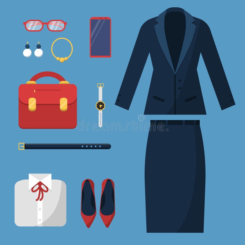 Roupa da mulher de negócios Vetor fêmea dos artigos do negócio do relógio do saco do chapéu do terno do revestimento da saia do v ilustração royalty free Roupa da mulher de negócios Vetor fêmea dos artigos do negócio do relógio do saco do chapéu do terno do revestimento da saia do v ilustração royalty free