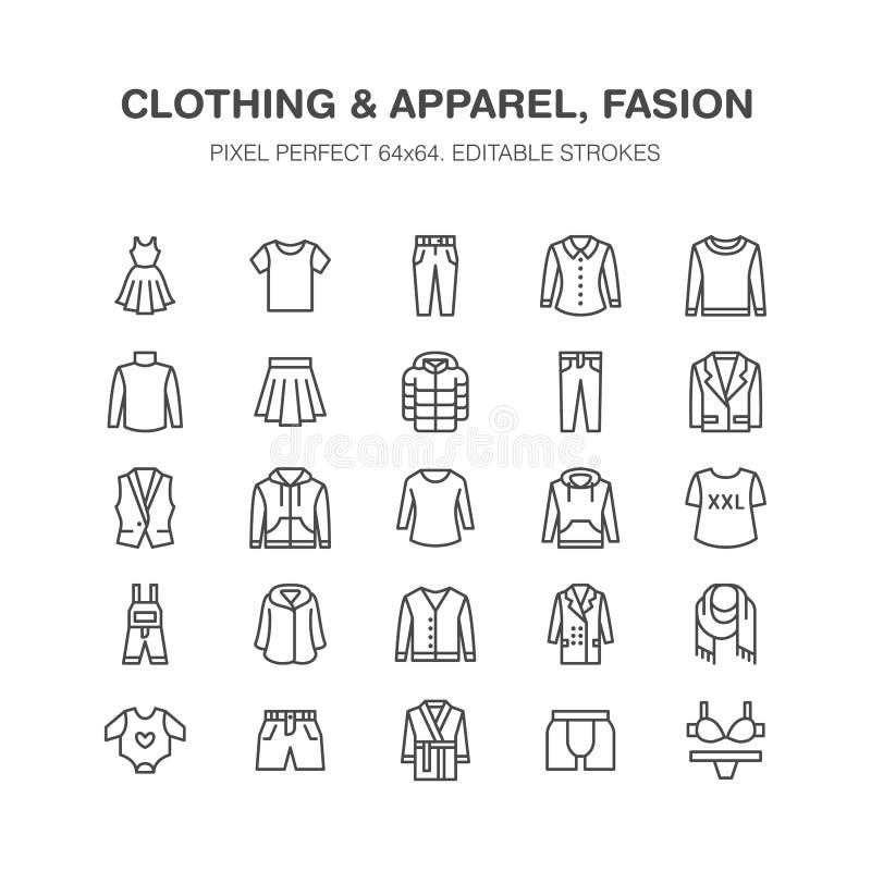 Roupa, linha lisa ícones do fasion Homens, fato das mulheres - vista, para baixo revestimento, calças de brim, roupa interior, ca ilustração royalty free Roupa, linha lisa ícones do fasion Homens, fato das mulheres - vista, para baixo revestimento, calças de brim, roupa interior, ca ilustração royalty free