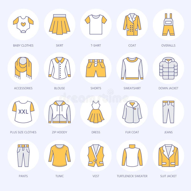 Roupa, linha lisa ícones do fasion Homens, o fato das mulheres - vista, para baixo revestimento, calças de brim, roupa interior, ilustração do vetor Roupa, linha lisa ícones do fasion Homens, o fato das mulheres - vista, para baixo revestimento, calças de brim, roupa interior, ilustração do vetor