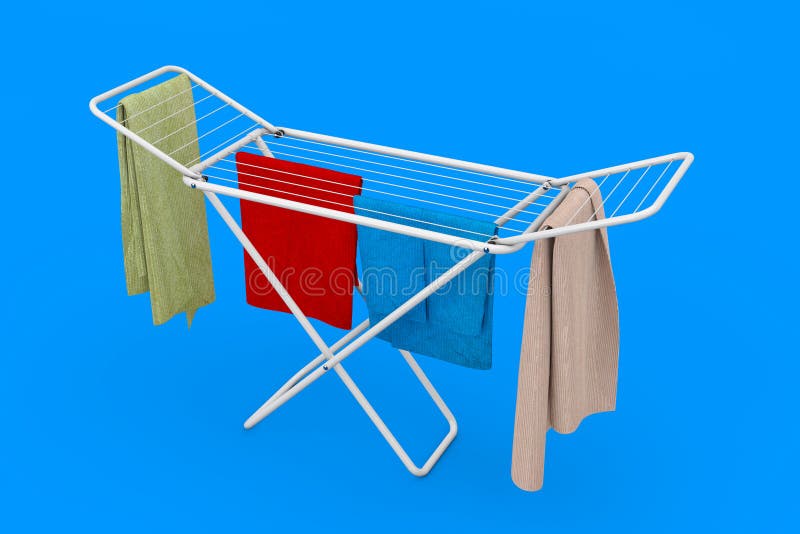 A roupa sobre o metal de dobramento branco veste a secagem da cremalheira rendi??o 3d ilustração royalty free A roupa sobre o metal de dobramento branco veste a secagem da cremalheira rendi??o 3d ilustração royalty free