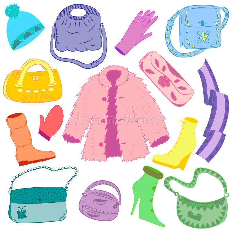 Roupa tirada mão e bolsas coloridas do inverno isoladas no branco Sapatas bonitos no salto alto, no lenço, no mitene, na luva e n ilustração stock Roupa tirada mão e bolsas coloridas do inverno isoladas no branco Sapatas bonitos no salto alto, no lenço, no mitene, na luva e n ilustração stock